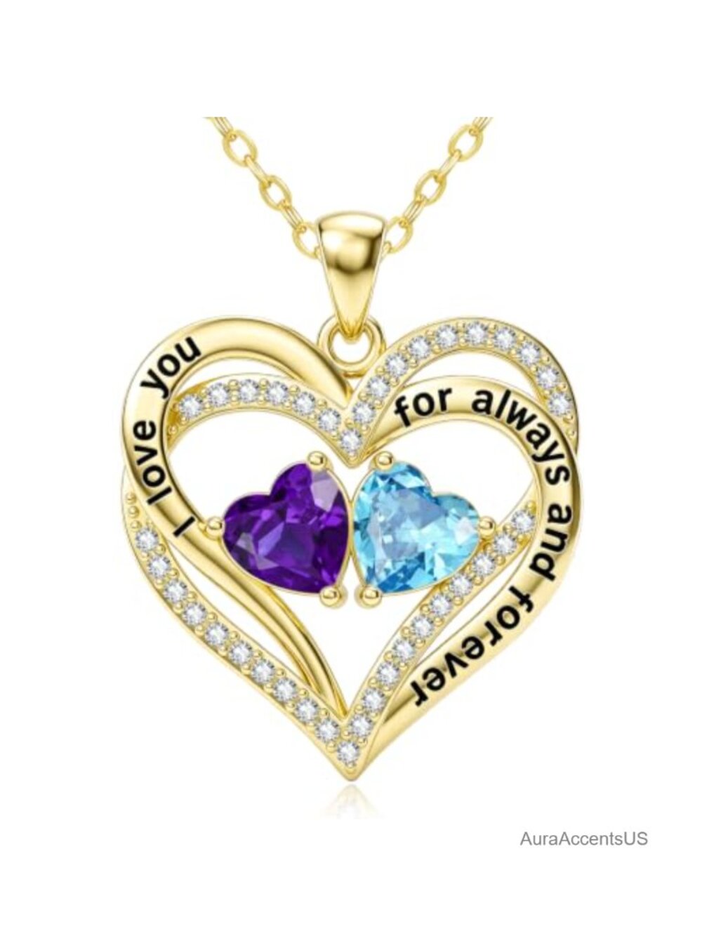 14K Gold Double Heart Birthstone Pendant Necklace I Love You